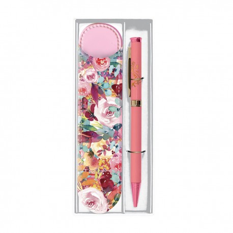 Set stylo bille & étui - Floral rose