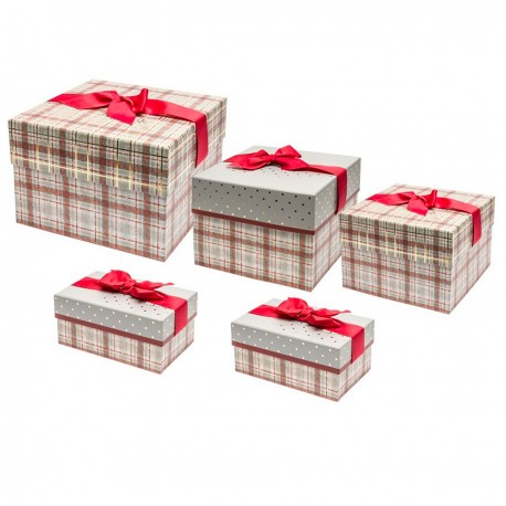 Set boîtes 3 carrées & 2 rectangulaires avec ruban - Merry Gray Plaid
