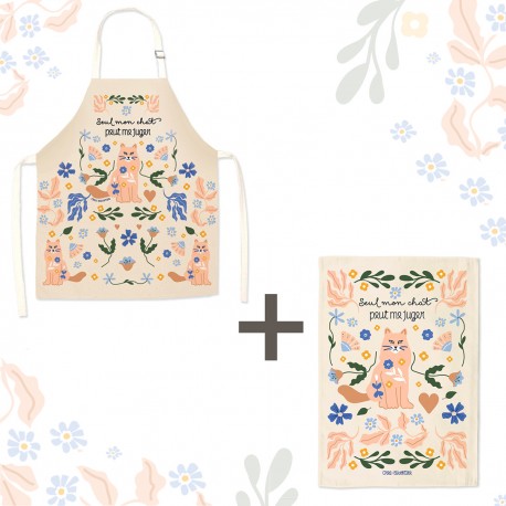 Lot tablier et torchon 100% coton biologique - Seul mon chat peut me juger