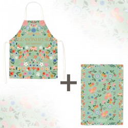 Lot tablier et torchon 100% coton biologique - Le bonheur est partout (vert)
