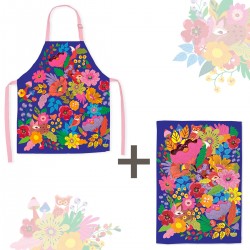 Lot tablier et torchon 100% coton biologique - Forêt Florale