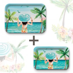 Lot de plateaux rectangulaires kraft (1 S et 1 L) - Femme à la plage