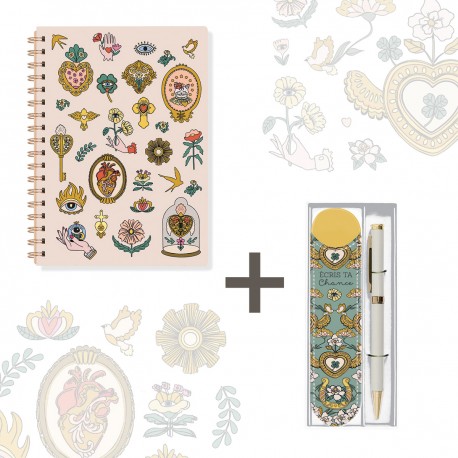 Lot carnet A5 à spirale (160p.) et étui stylo - De tout mon coeur