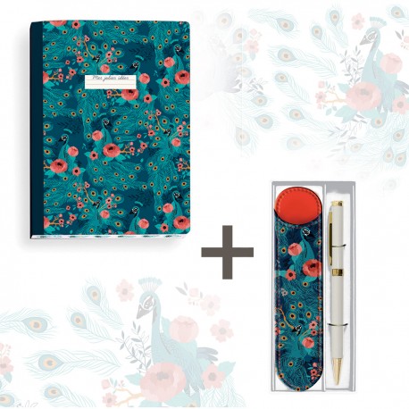 Lot carnet A5 deluxe (160p.) et étui stylo - Paon