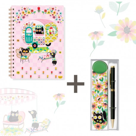 Lot carnet A5 à spirale (160p.) et étui stylo - Retro Love