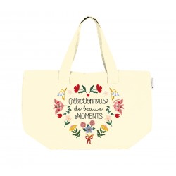 Grand sac cabas en coton beige avec fermeture - Le bonheur se partage