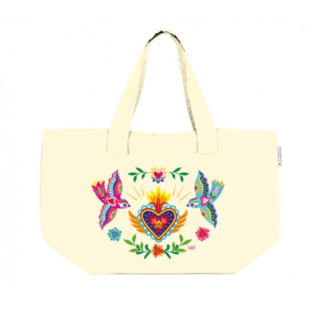 Grand sac cabas en coton vert avec fermeture - Canta la vida (Ex voto