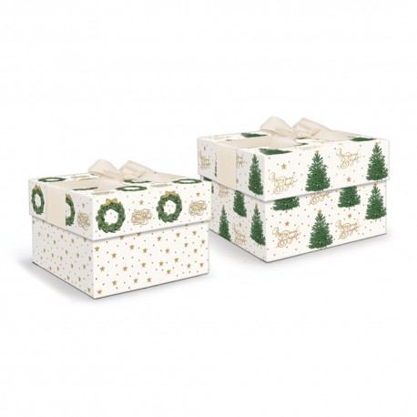 Big square bow box set of 2 - Merry and Bright Trees