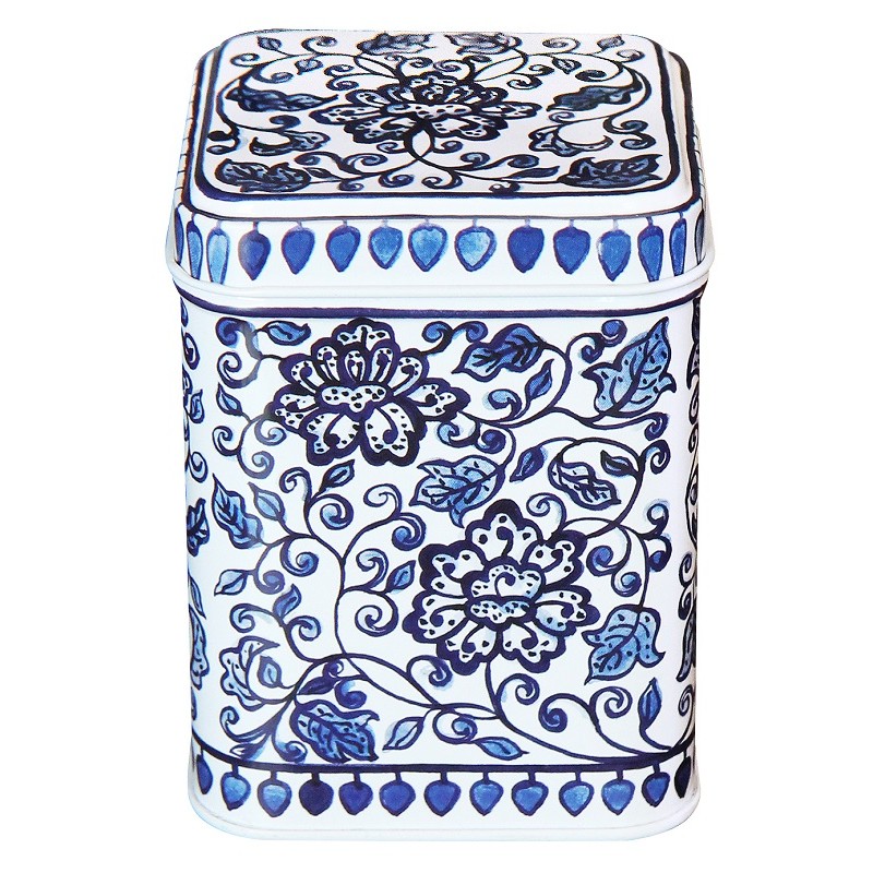 Boîte à thé 100g en métal aux motifs floraux bleus inspirés de céramiques  chinoises