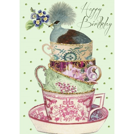 Cards - Happy Birthday (bird & tea cups)