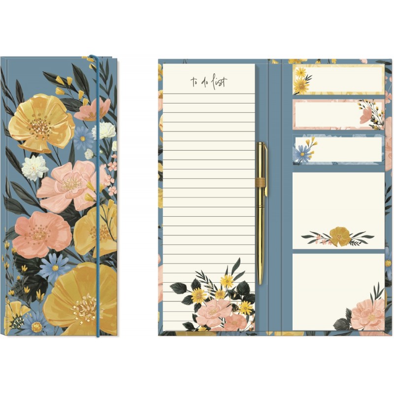 Carnet bloc notes bleu aux motifs floraux avec stylo et blocs