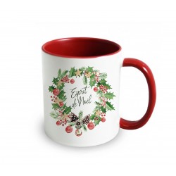 Mug céramique 350ml (int/anse rouge) - Noël floral (Couronne)