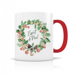 Mug céramique 350ml (int/anse rouge) - Noël floral (Couronne)