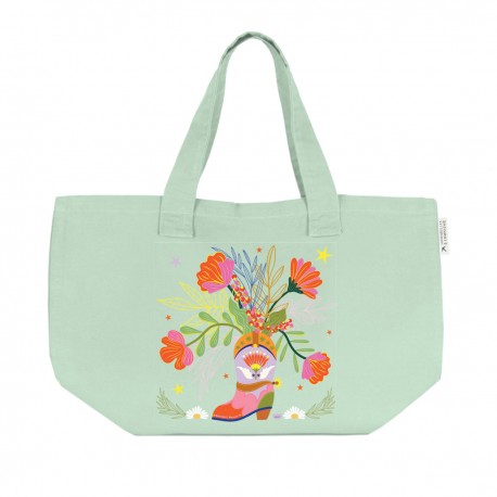Grand sac cabas en coton vert avec fermeture - Far-west(Santiag solo)
