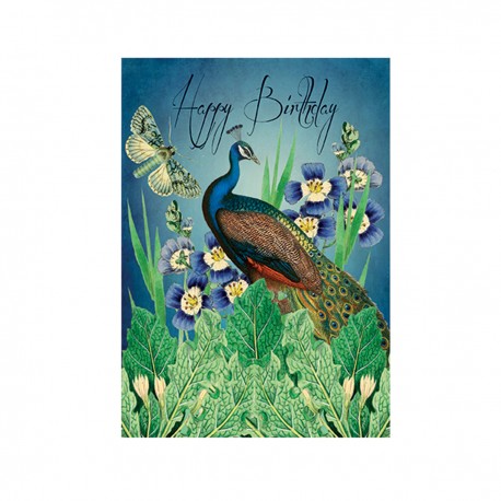 Carte double GM et enveloppe - Happy Birthday (blue peacock)