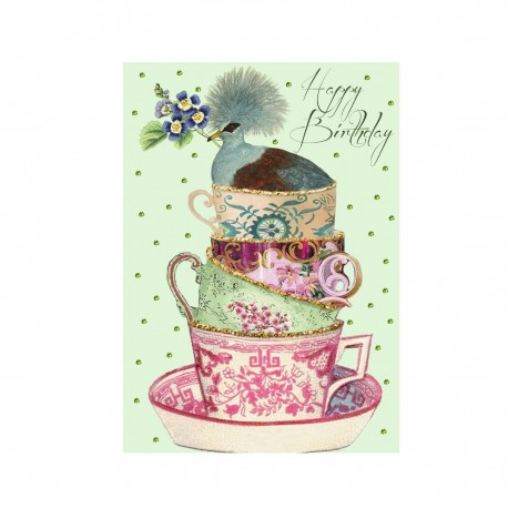 Carte double GM et enveloppe - Happy Birthday (bird & tea cups)