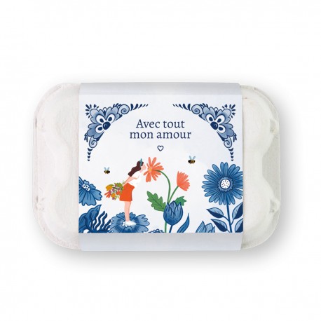 Boite à oeufs 6 bombes de fleurs - Des baisers bleu delf