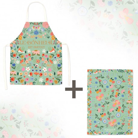 Lot tablier et torchon 100% coton biologique - Le bonheur est partout (vert)