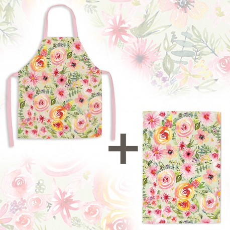 Lot tablier et torchon 100% coton biologique - Spring Floral