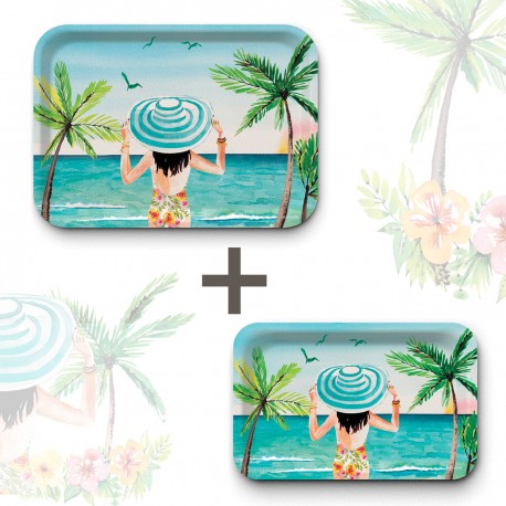 Lot de plateaux rectangulaires kraft (1 S et 1 L) - Femme à la plage