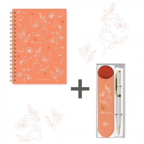 Lot carnet A5 à spirale (160p.) et étui stylo - Fleurever