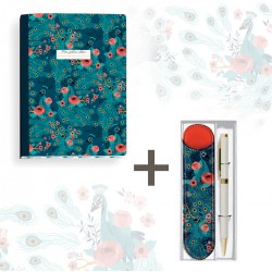 Lot carnet A5 deluxe (160p.) et étui stylo - Paon