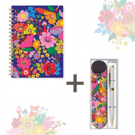 Lot carnet A5 à spirale (160p.) et étui stylo - Forêt Florale