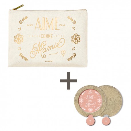 Lot trousse rectangulaire en coton PM et miroir - Aime comme mamie
