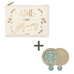 Lot trousse rectangulaire en coton PM et miroir - Aime comme maman