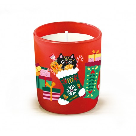 Bougie parfumée 220gr en verre rouge - Maison bonbon (chat Noël)