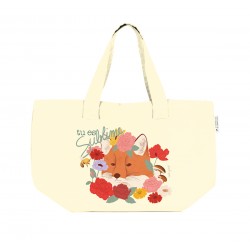 Grand sac cabas en coton beige avec fermeture - Nature vivante renard