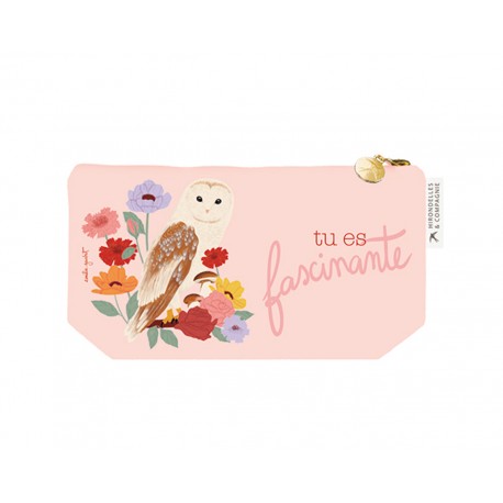 Trousse rectangulaire en coton PM rose - Nature vivante (chouette)