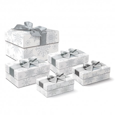 Big square bow box set of 5 - Silver Snowflakes