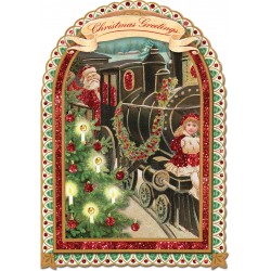 Carte double PM 3D & env. Noël 'Locomotive Père Noël'