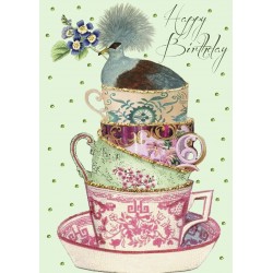 Carte double GM et enveloppe - Happy Birthday (bird & tea cups)